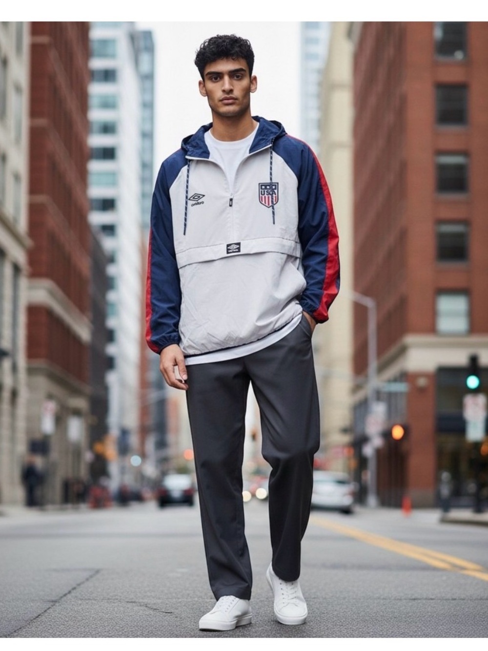New Umbro USA Grey Hooded Windbreaker Jacket with Navy & Red Sleeves